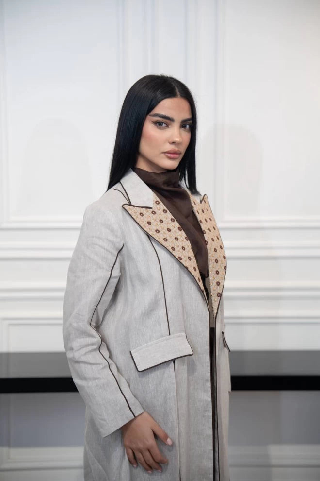 عباية بليزر كتان بيج مع تطريز C:IB329 بيج