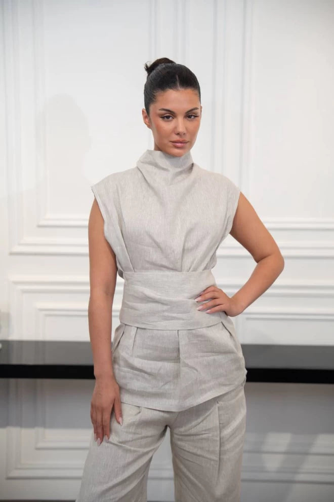 طقم بلوزة وبنطلون كتان بيج C:IB1094 بيج