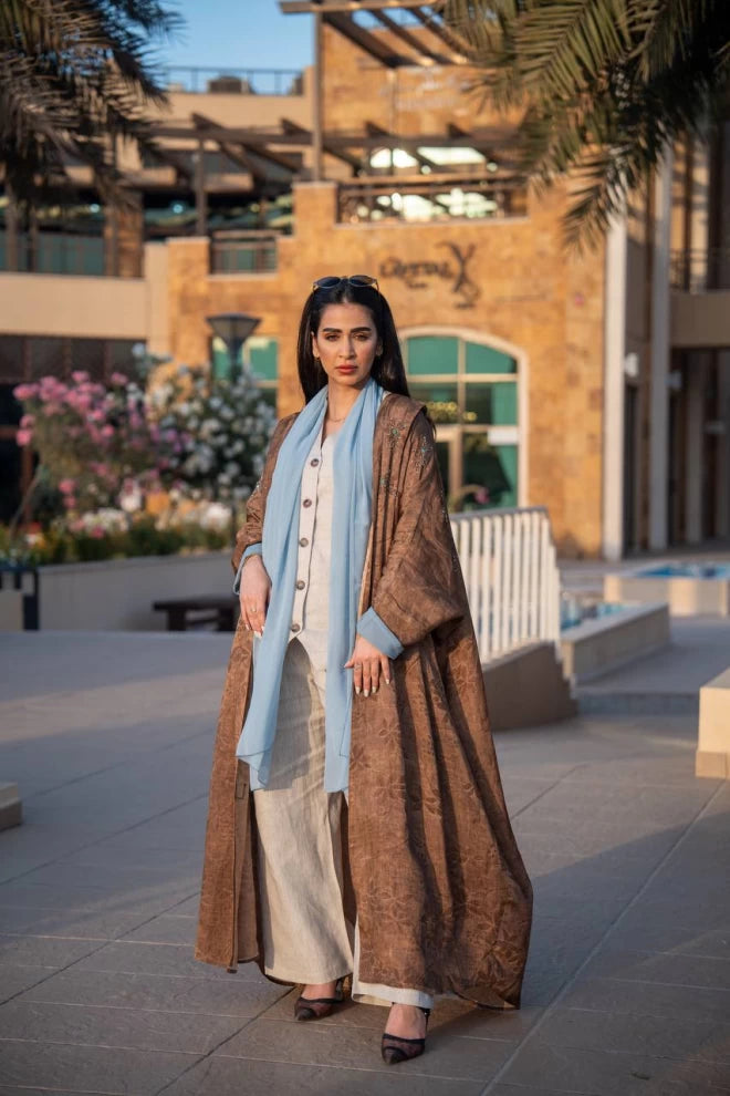 Brown crepe jacquard abaya C:IB312 (Free size)