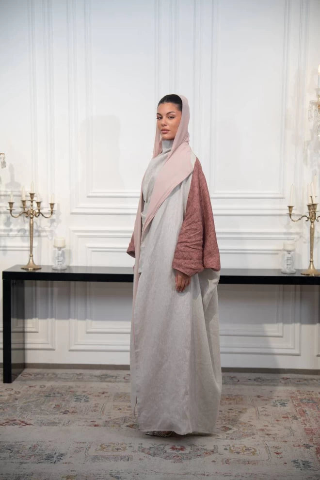 عباية كتان مقاس حر باللون البيج والبني C:IB326 (مقاس حر)