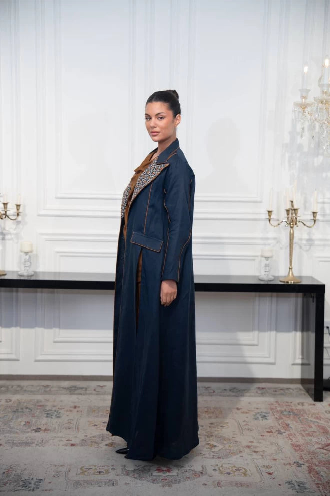 عباية بليزر كتان كحلي مع تطريز C:IB329 كحلي 