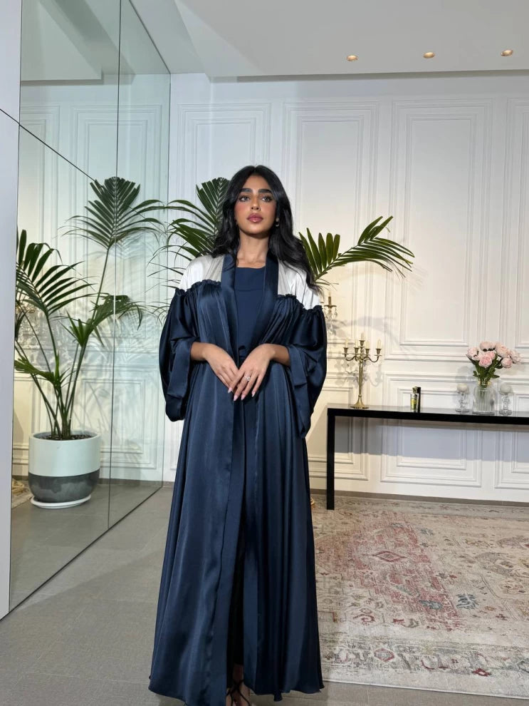 Free Size Abaya With Raw Silk Crepe IB175 Blue (Free size)