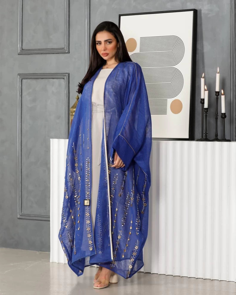 Blue linen abaya with hand embroidery IB137 Blue (Free size)