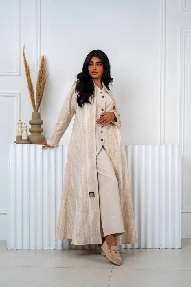 Linen Jacquard Abaya Beige IB236