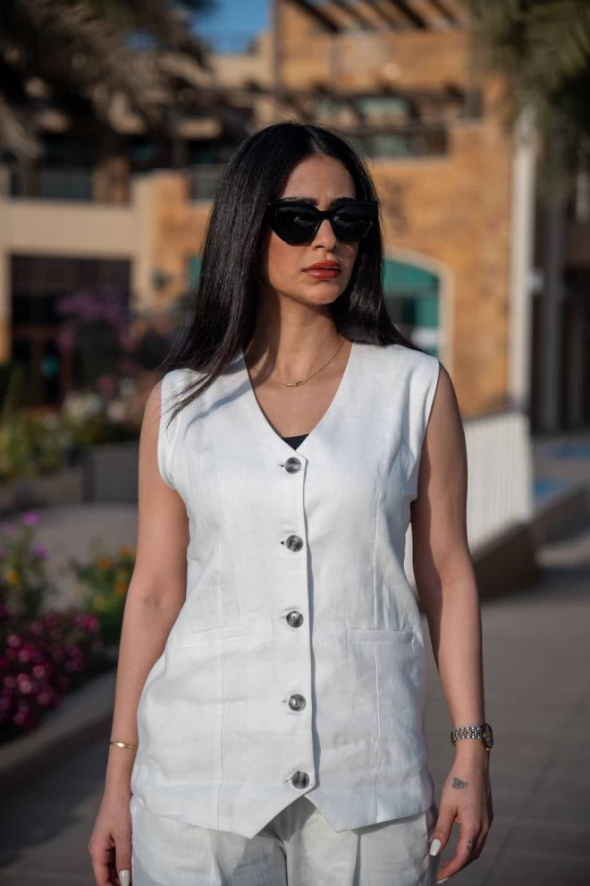 طقم سترة وبنطلون من الكتان الأبيض C:IB1085 أبيض 