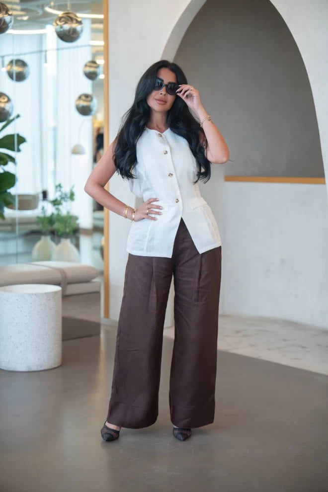 طقم كتان مكون من سترة بيج وبنطلون بني C:IB1092 