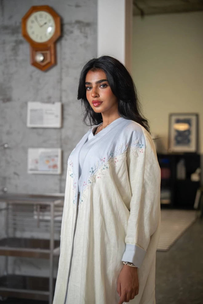 Lemon-colored abaya bisht made of natural linen with hand embroidery C:IB335 (Free size)