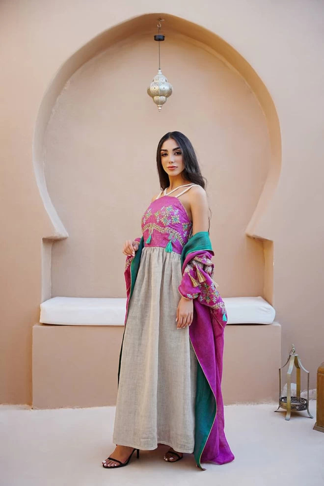 Pink burlap bisht with dress IB273 Pink