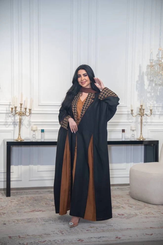 Black linen abaya with camel embroidery and details C:IB319 (Free size)
