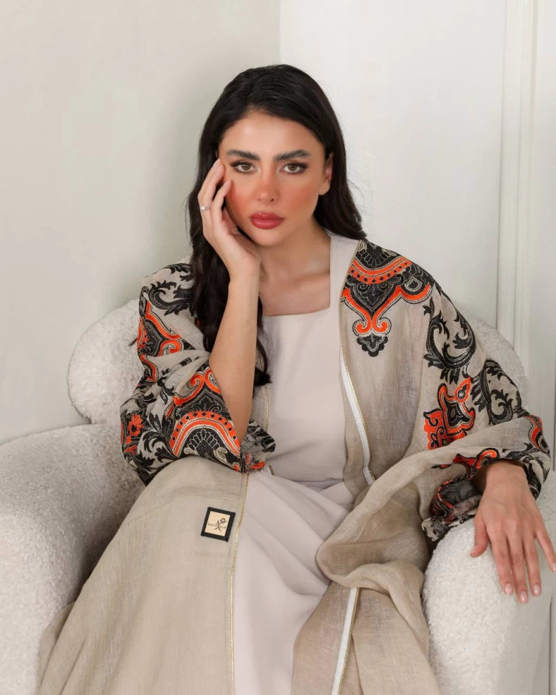 عباية كتان بيج مع تطريز IB143 بيج (مقاس واحد) 