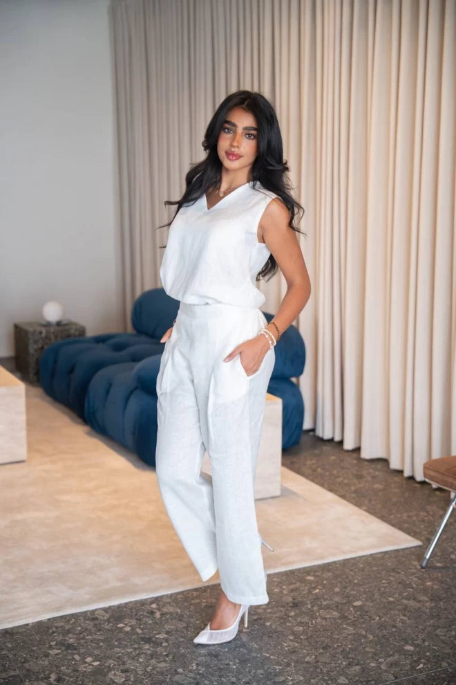 طقم بلوزة وبنطلون باللون الأبيض، مصنوع من الكتان الطبيعي C:IB1095 أبيض 