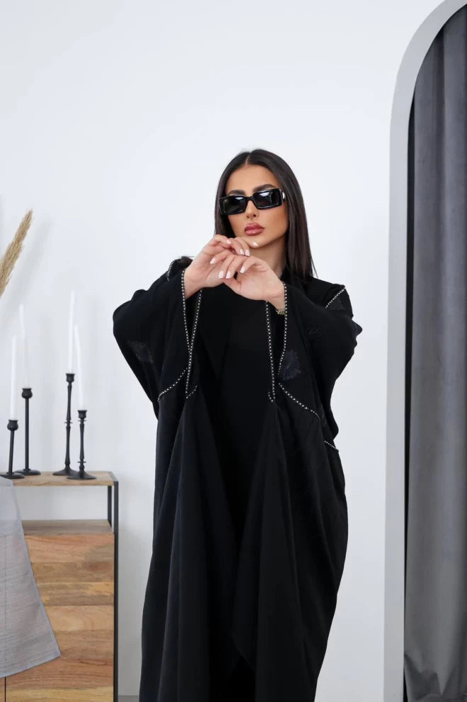 Bisht with Cuban crepe material with crystal silk in black IB272 (Free size)