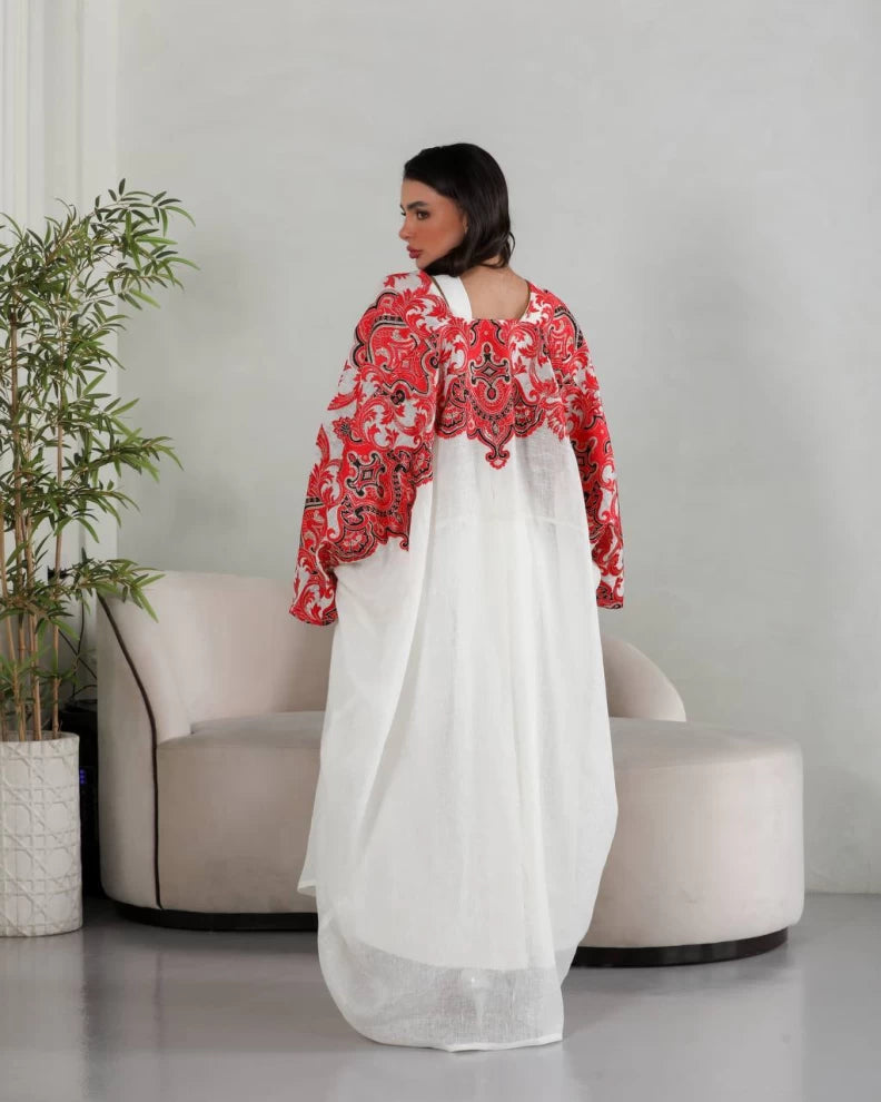 عبايه لينن بلون الابيض مطرز IB143 white
