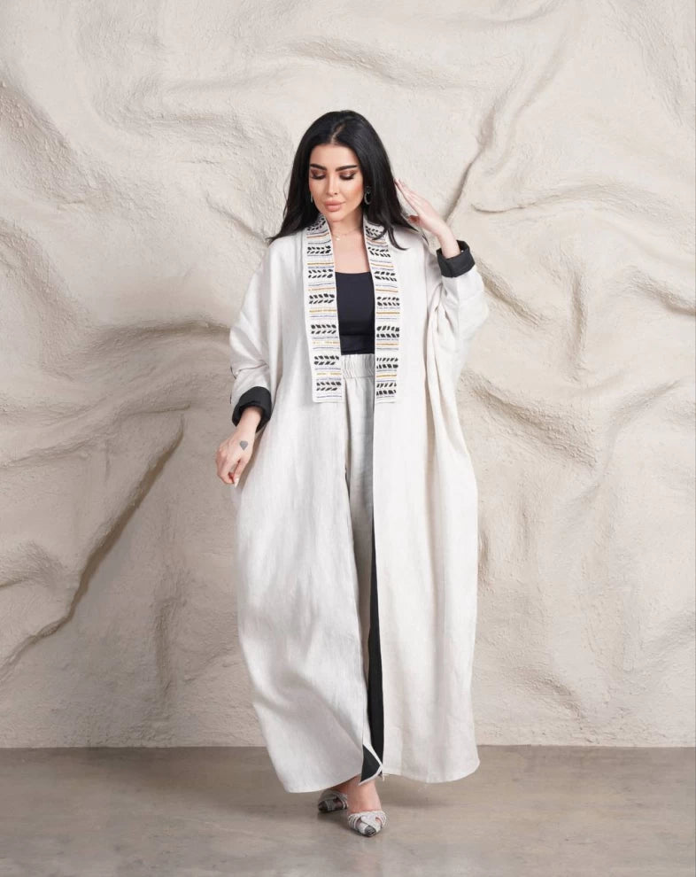 عبايه لينن بلون الابيض مع شك يدوي IB154 White