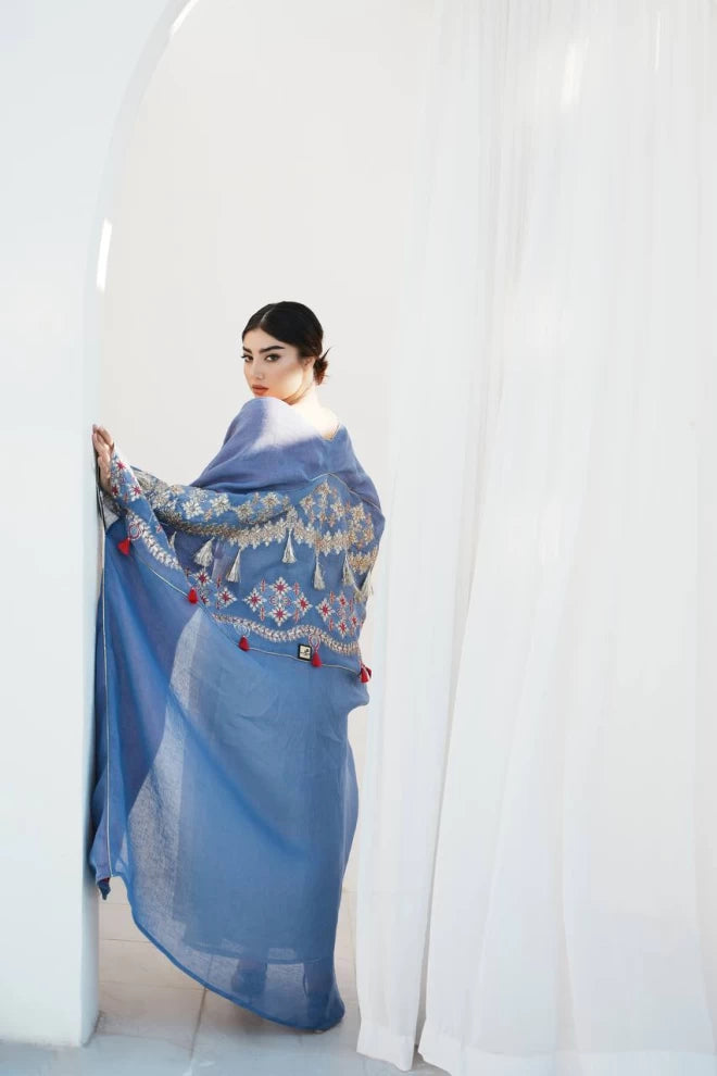 Bisht with a blue burlap dress with embroidery IB273 Blue
