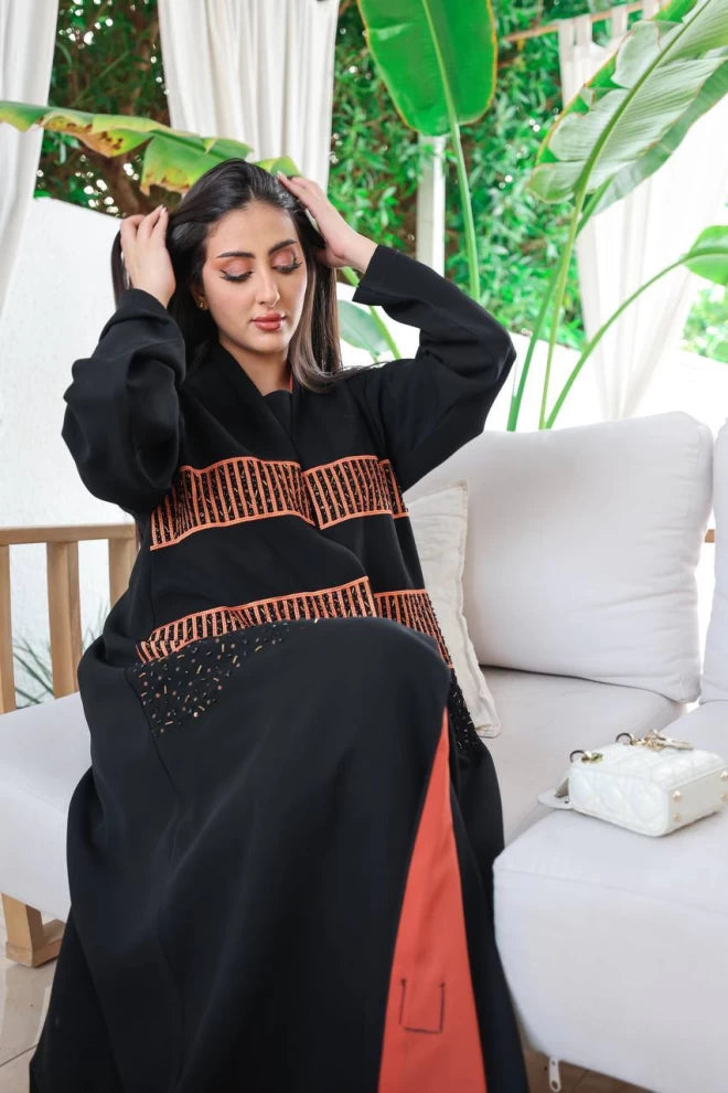 عبايه كريب كوبا اسود بشك برتقالي IB140 Orange
