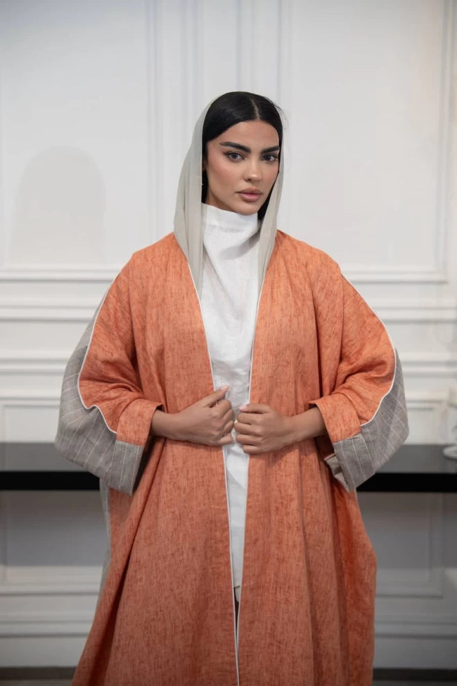 عباية كتان مخططة باللونين البرتقالي والبيج C:IB325 برتقالي (مقاس واحد) 