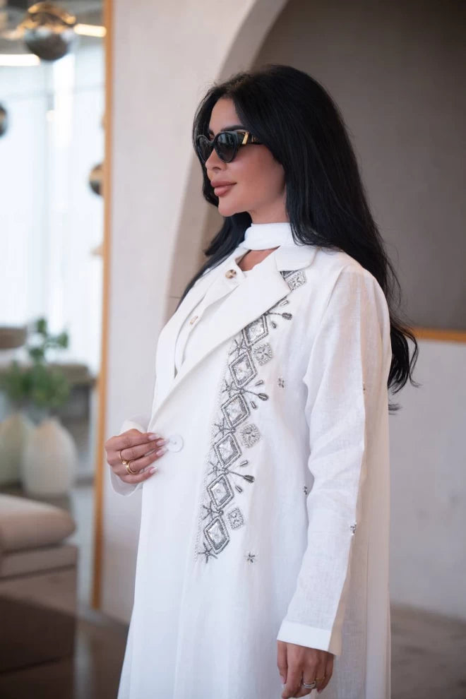 White linen and crepe blazer abaya with hand embroidery C:IB323 White