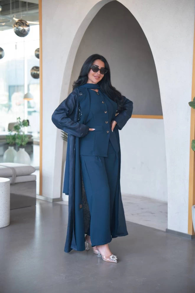 Navy blue linen blazer abaya with crepe and hand embroidery C:IB323 Navy