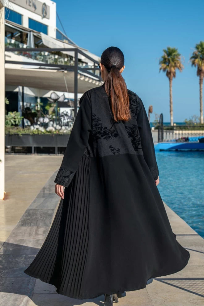 Crepe and pleated abaya with printed cotton velvet IB267
