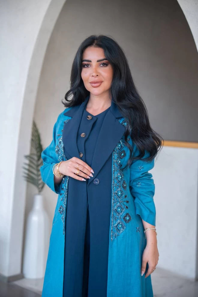 Blue blazer abaya made of linen with crepe on the front C:IB323 Blue
