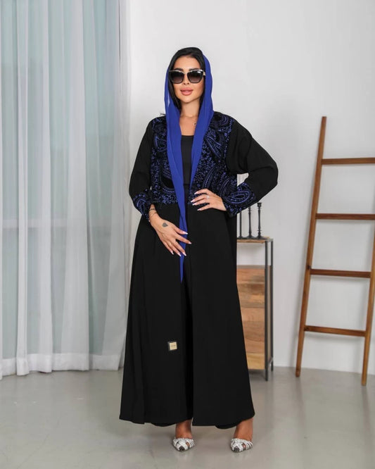 Black Crepe Abaya with Blue Embroidered Velvet IB253 Blue