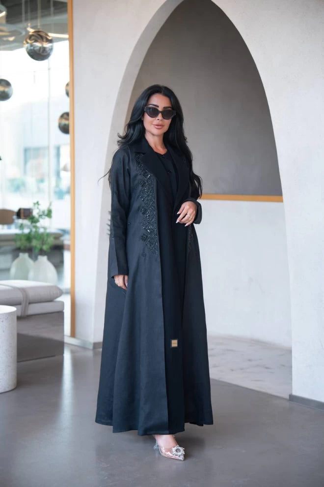 Black blazer abaya made of linen and crepe with hand embroidery C:IB323 Black
