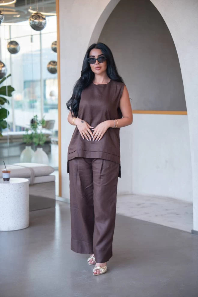 طقم بلوزة وبنطلون من الكتان البني C:IB1091 