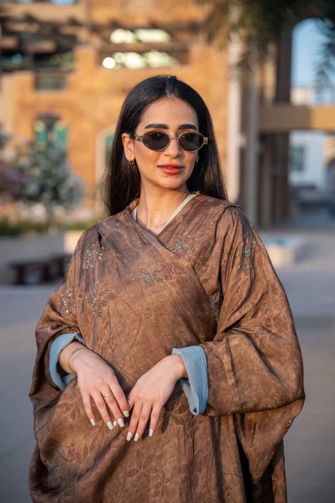 Brown crepe jacquard abaya C:IB312 (Free size)