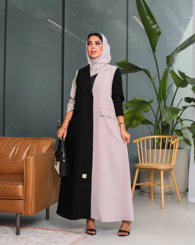 عباية كريب بلونين الأسود والبيج IB208 