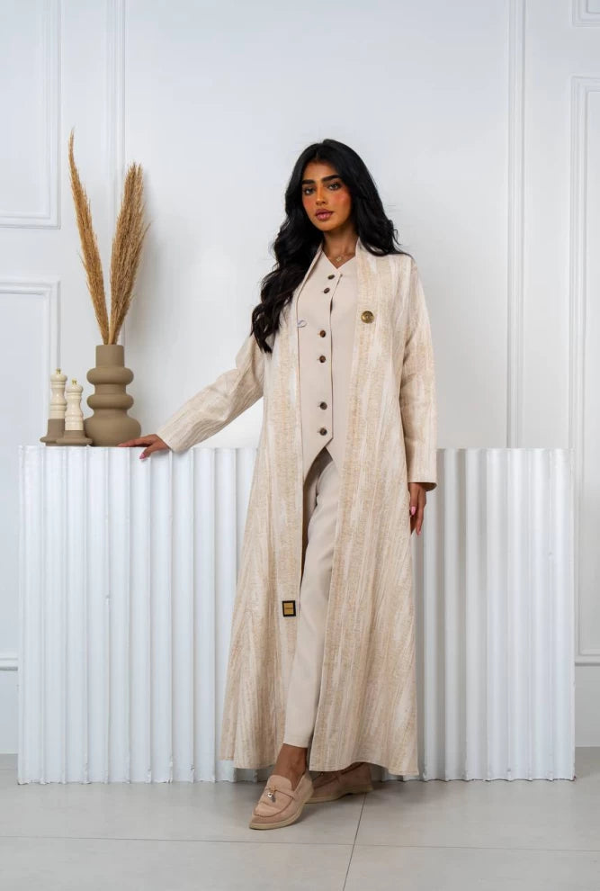 Linen Jacquard Abaya Beige IB236