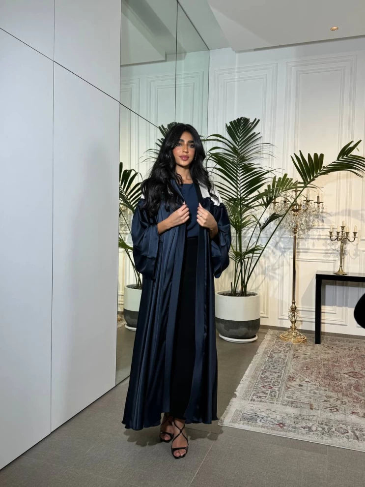 Free Size Abaya With Raw Silk Crepe IB175 Blue (Free size)