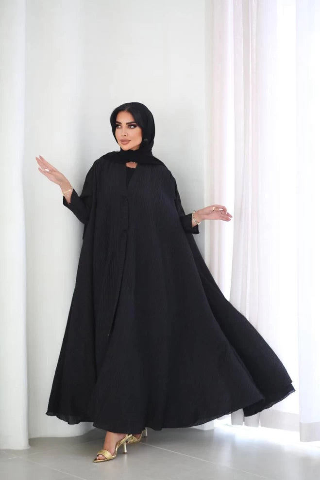 عباية حرّة المقاس من قماش الكريب الخام IB174 أسود (حرّة المقاس) 
