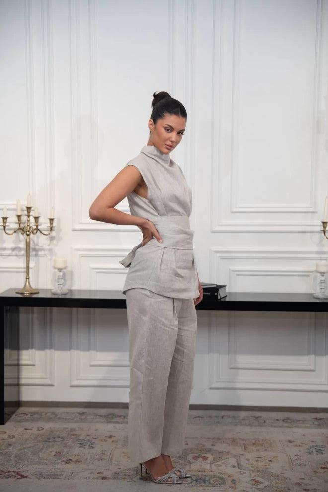 طقم بلوزة وبنطلون كتان بيج C:IB1094 بيج