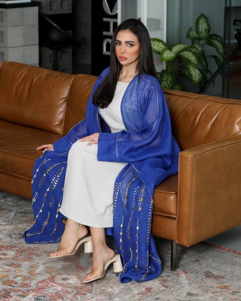 Blue linen abaya with hand embroidery IB137 Blue (Free size)