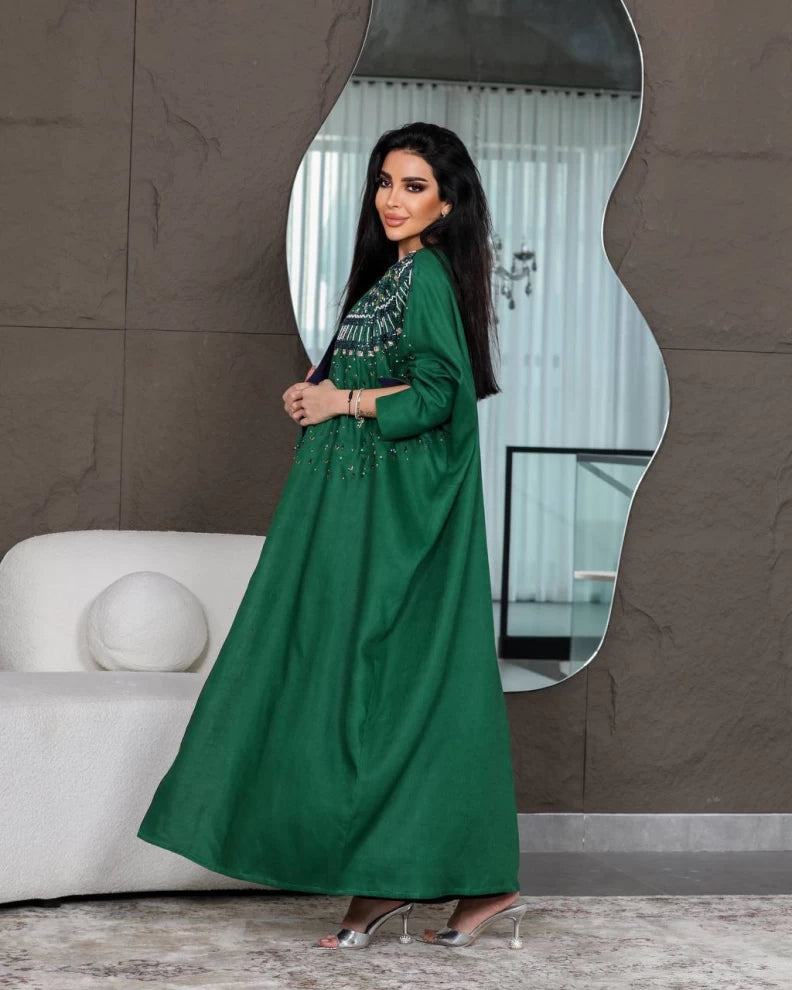عباية كتان خضراء IB142 (مقاس واحد) 