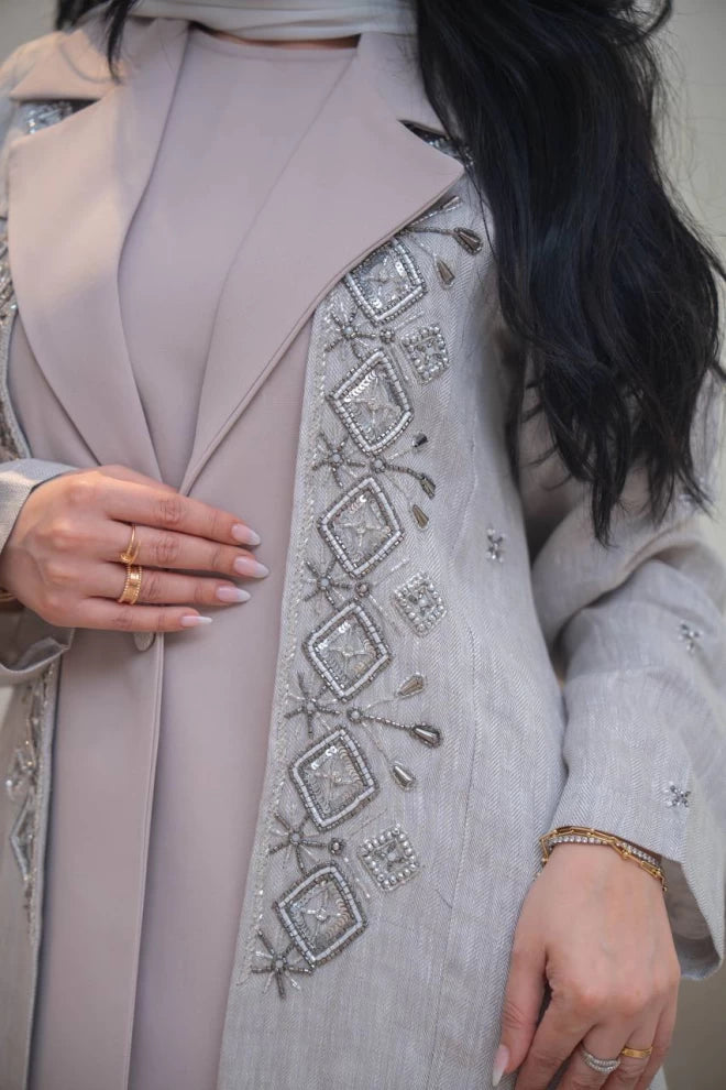 Beige linen and crepe blazer abaya with hand embroidery C:IB323 Beige