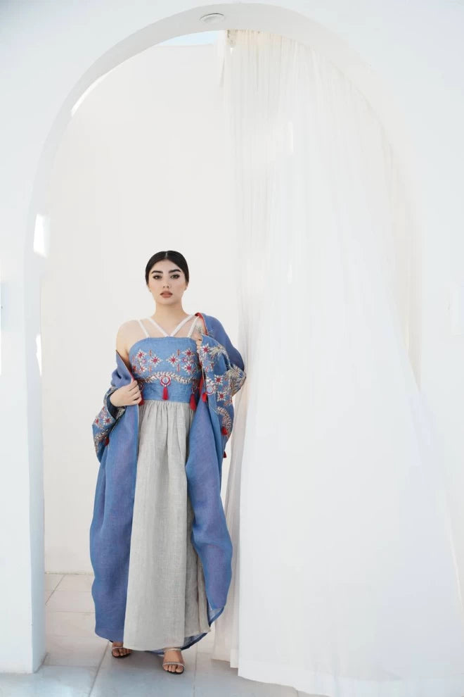 Bisht with a blue burlap dress with embroidery IB273 Blue