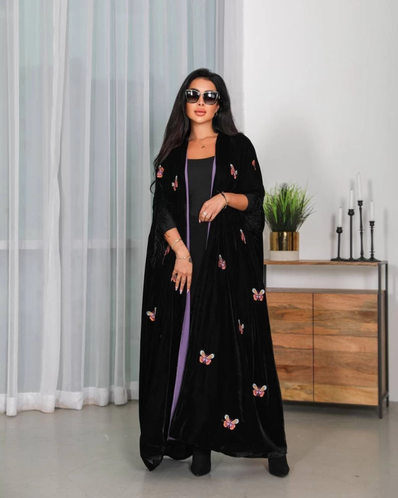 Abaya velvet bisht with butterfly embroidery IB247 (Free size)