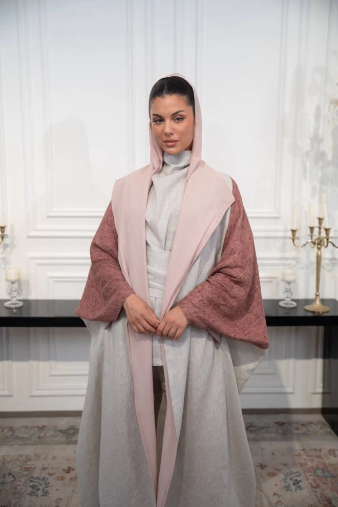 عباية كتان مقاس حر باللون البيج والبني C:IB326 (مقاس حر)