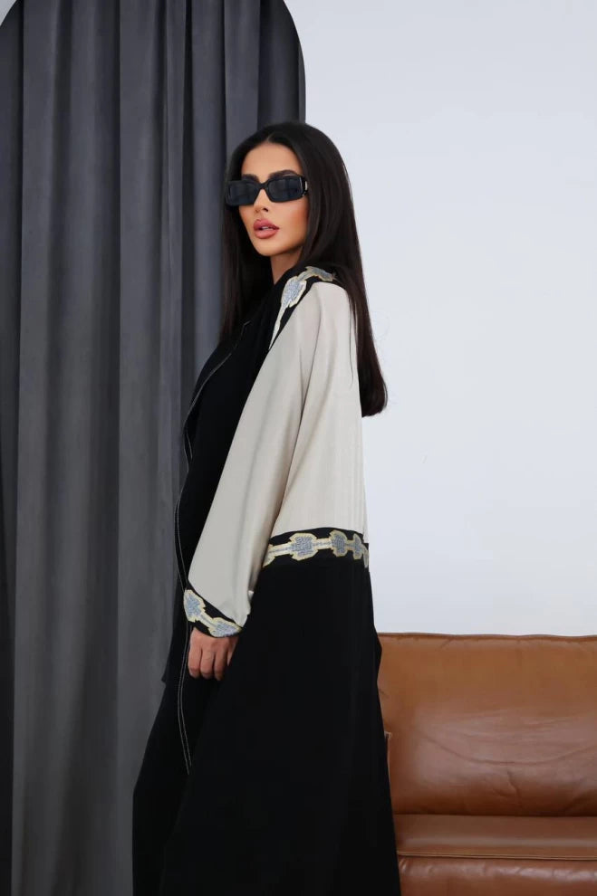 Cuba Crepe Abaya with Silk Crepe in Black and Beige IB158 Black (Free size)