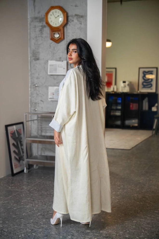 Lemon-colored abaya bisht made of natural linen with hand embroidery C:IB335 (Free size)