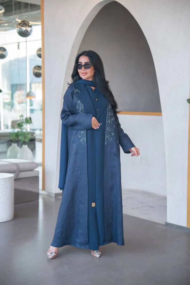 Navy blue linen blazer abaya with crepe and hand embroidery C:IB323 Navy