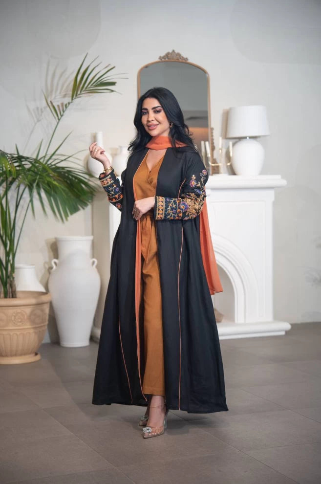 Black linen abaya with hand embroidery C:IB318