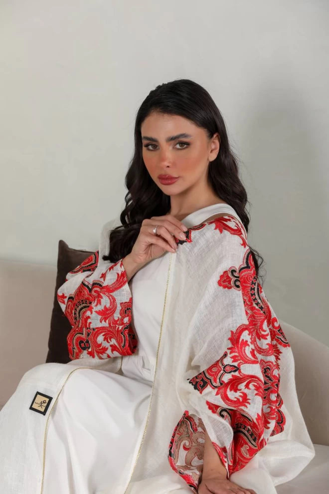 عبايه لينن بلون الابيض مطرز IB143 white
