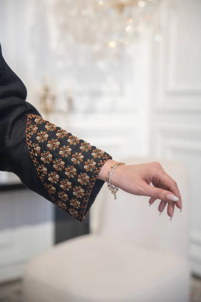 Black linen abaya with camel embroidery and details C:IB319 (Free size)