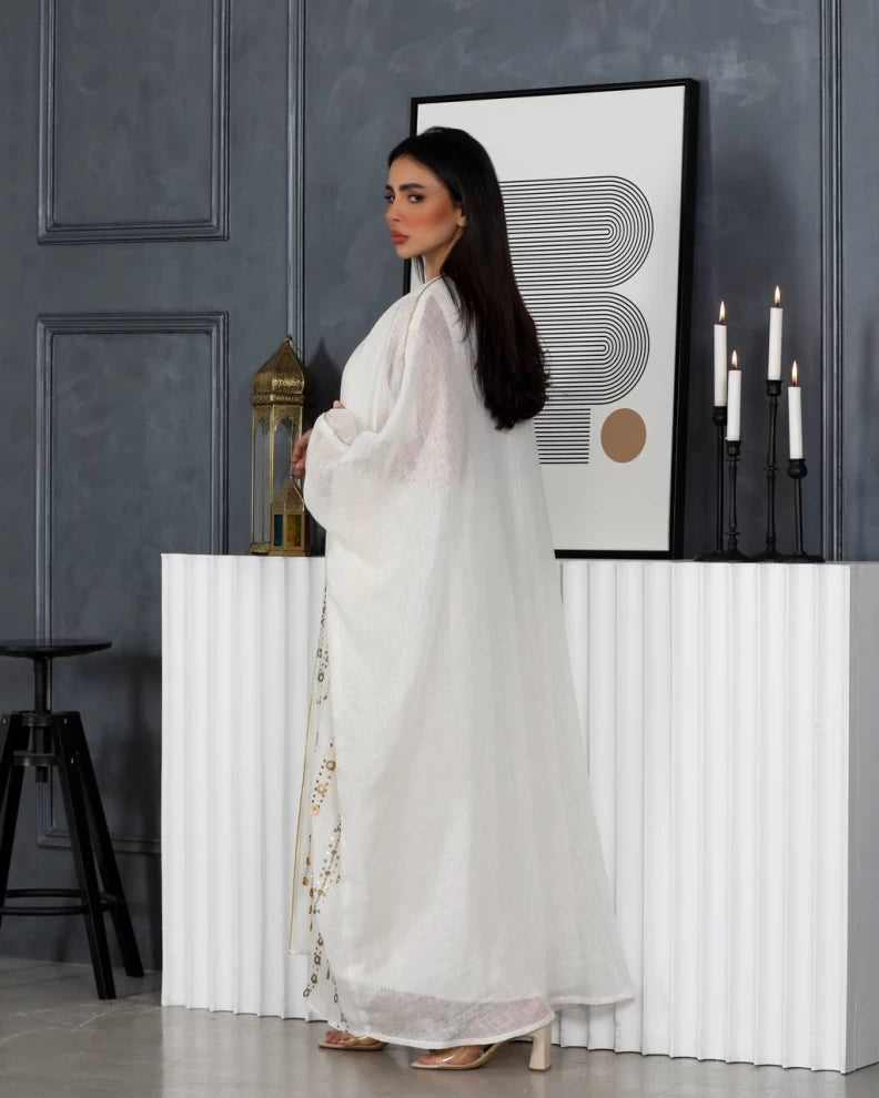 White linen abaya with hand embroidery IB137 white (Free size)