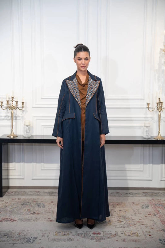 عباية بليزر كتان كحلي مع تطريز C:IB329 كحلي 