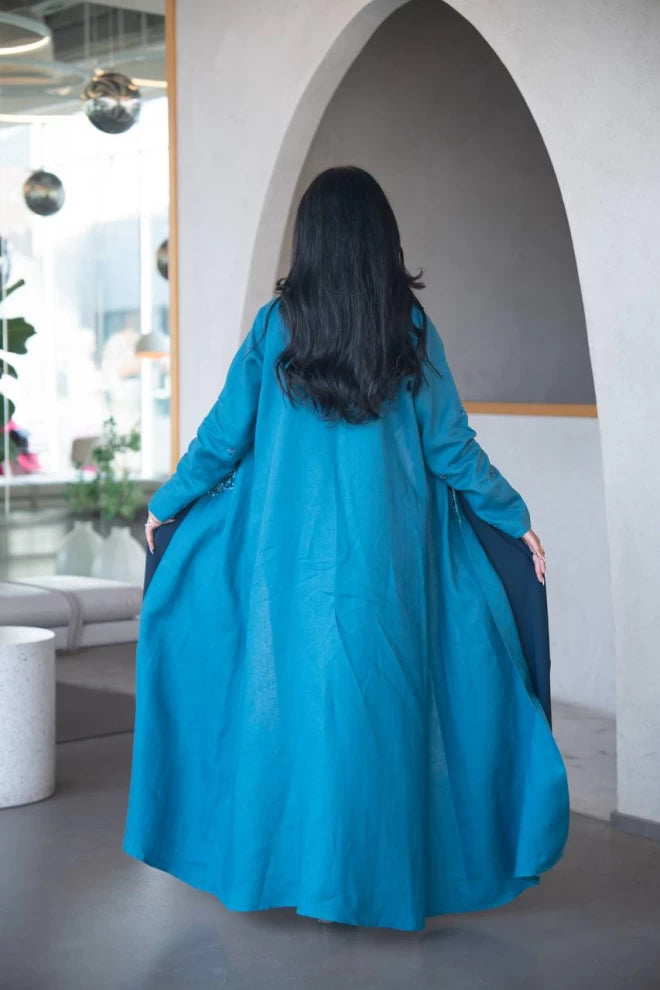Blue blazer abaya made of linen with crepe on the front C:IB323 Blue