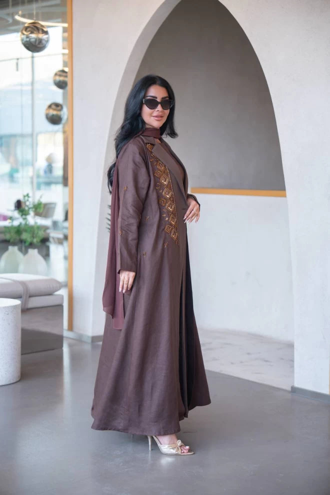 Brown blazer abaya in linen with crepe and hand embroidery C:IB323 Brown